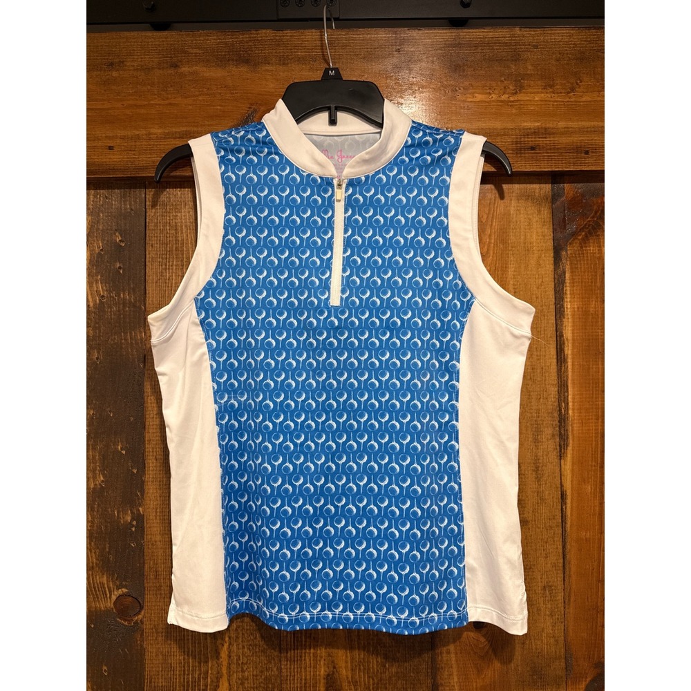 Lillie‎ Green Womens Blue White Golf Ball Print Sleeveless Quarter Zip Polo PM